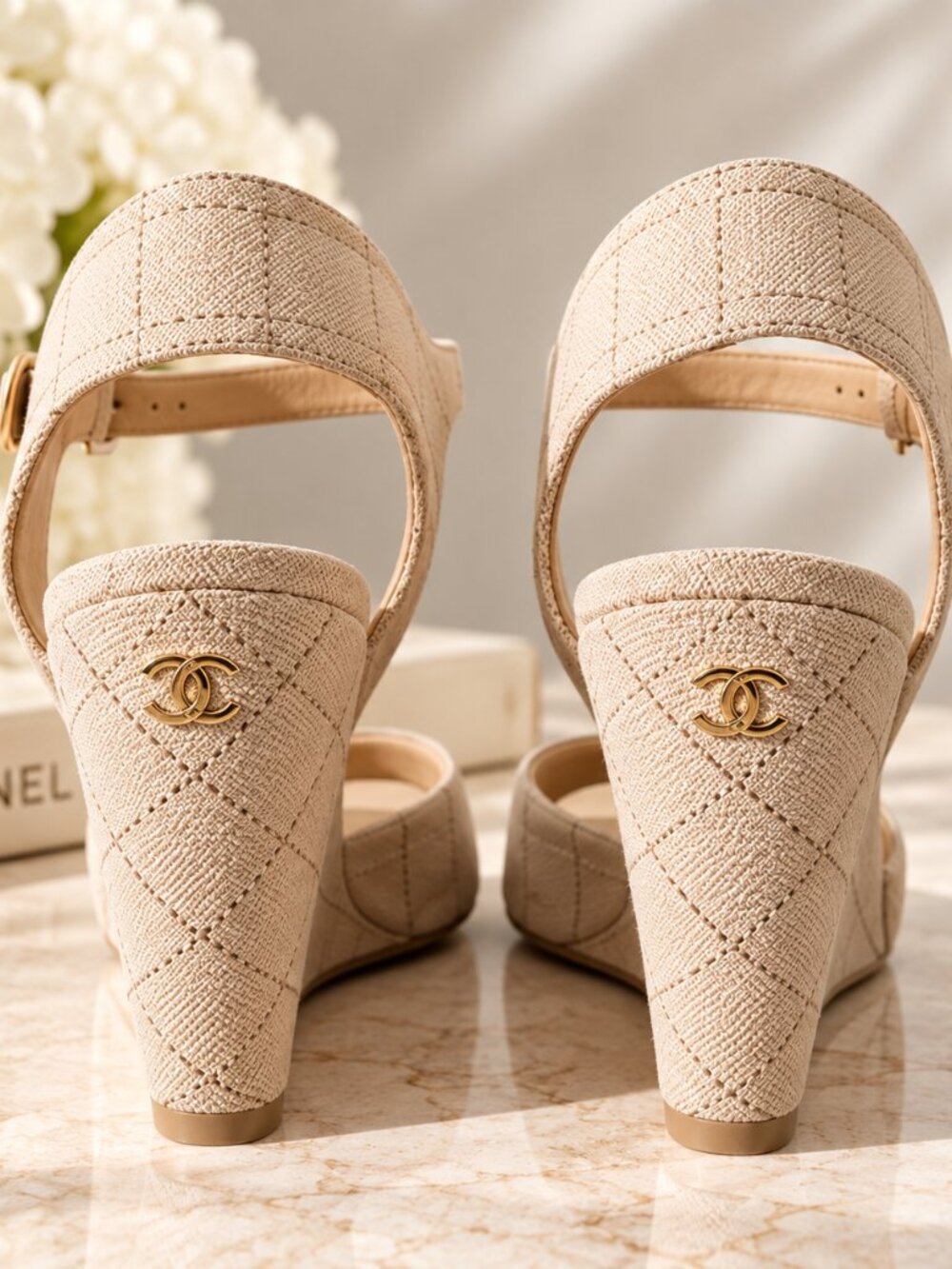CHANEL 23C Quilted Wedge Sandals Open Toe Ankle Strap EU 38
